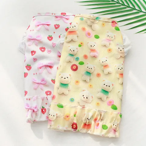Pet Dog Cat Summer Thin Vest Small Dog Clothes Breathable Ruffle Strawberry Bear Printed Puppy Cat Vest Pet Apparel