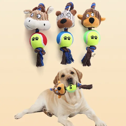 Corduroy Plush Squeaky Dog Chew Toy Animal Shape With Tennis Ball And Cotton Rope Molar Dental Cleaning Interactive Pet Toy