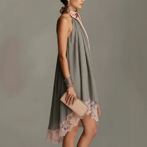 Abito Midi in Poliestere Plissettato da Donna Elegante con Scollo all'Americana Fiocco Rosa Orlo in Pizzo a Contrasto Festa