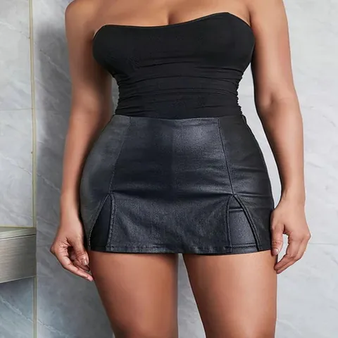 Women's High Waist PU Leather A-Line Mini Skirt Fashion Solid Color Black Split Hem Short Skirt For Autumn Winter Elegant Skirt