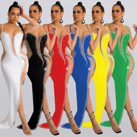 Women Sexy Sheer Mesh Rhinestone Halter Evening Dress High Slit Elegant Maxi Long Party Clubwear Fish Tail Dress