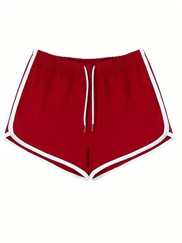 Pantalones Cortos Deportivos de Verano para Mujer Color Sólido Cintura Elástica Cordón Holgado Casual Dolphin Shorts Ribete en Contraste