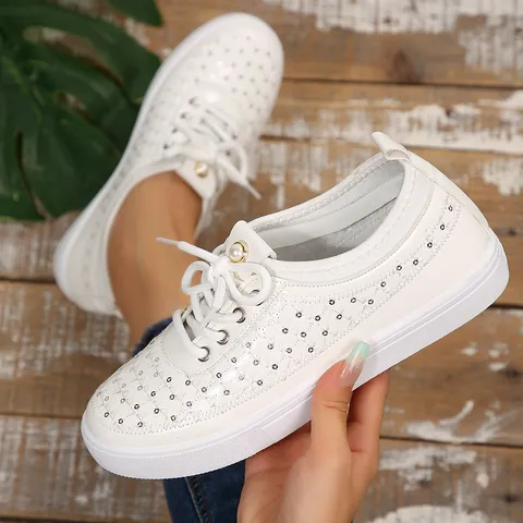 Korean Style Summer Breathable White Shoes PU Leather Soft Sole Casual Sneakers Women Hollow Out Mesh Board Shoes Slip On Pearl Decor