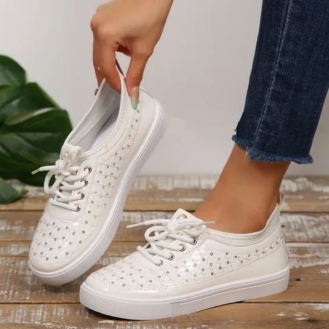 Korean Style Summer Breathable White Shoes PU Leather Soft Sole Casual Sneakers Women Hollow Out Mesh Board Shoes Slip On Pearl Decor