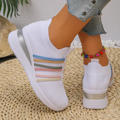Women Wedge Flyknit Sneakers Breathable Slip On Platform Casual Shoes Rainbow Stripes Summer Fashion Outdoor Sport Footwear