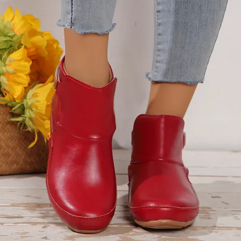 Damen Übergröße Martin Boots Lackleder Stiefeletten Herbst Winter Casual Flache Stiefel Mit Klettverschluss Und Reißverschluss