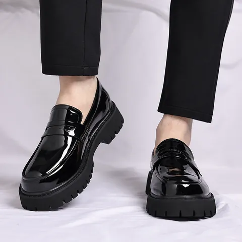 Zapatos Derby de Plataforma de Charol de Estilo Británico para Hombre Punta Redonda Business Casual Suela Gruesa Mocasines Negros