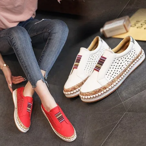 Women Fashion Casual Loafers Perforated Breathable Flat Shoes Rainbow Elastic Band Cork Sole White Red Blue Green Black