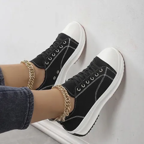 Women's Casual Platform Canvas Sneakers Lace-up Round Toe Low Top Breathable Non-slip Walking Shoes Comfortable Daily Sneakers