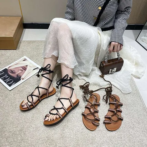 Women Gladiator Flat Sandals Summer Ankle Strap Cross-Tie Round Toe Bohemian Ethnic Webbing Suede Beach Roman Sandals