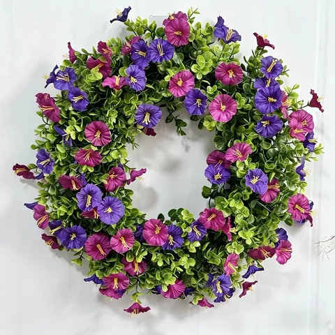 Corona Artificial de Gloria de la Mañana Estilo Bosque Primavera Verano Púrpura Rosa Tela Plástico Floral Decoración Hogar Pared Puerta