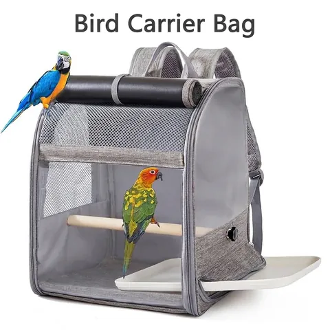 Breathable Bird Carrier Backpack Large Capacity Parrot Travel Bag With Wood Perch And Feeding Cup For Small Animals Birds Gray