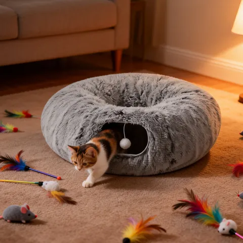 Foldable Long Plush Polyester Round Cat Tunnel Bed With Steel Wire Support Warm Pet Nest Cave With Hanging Ball For Indoor Cats