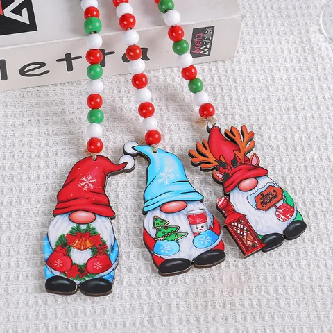 Christmas Wooden Gnome Bead Garland Hanging Decorations With Red White Green Wood Beads And Hemp Rope Tassels For Xmas Tree Home Car Wall Decor