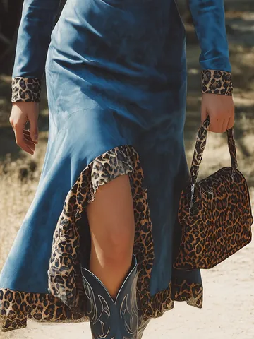 Women Western Retro Style Leopard Patchwork Zipper V-Neck Maxi Dress Blue Long Sleeve A-Line Polyester Dress For Outdoor Daily