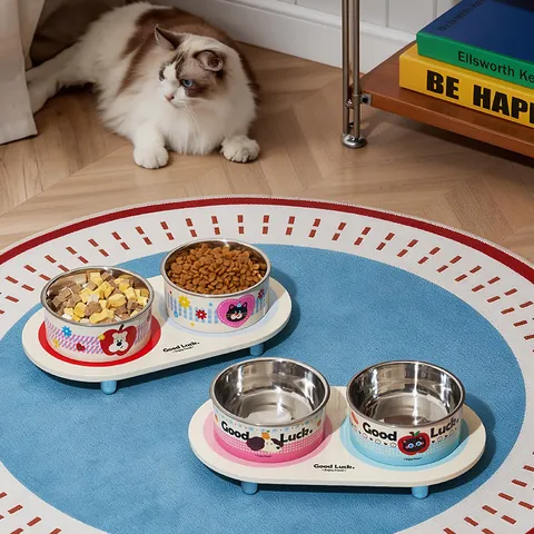 Verhoogde Dubbele Voerbak voor Huisdieren Roestvrij Staal Nekbescherming Antislip Voer Water Station Cartoon Kat Hond