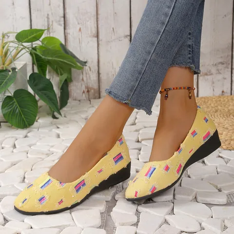 Dames Boheems Canvas Loafers Geborduurd Gerafelde Randen Casual Instappers Flats Etnische Stijl Comfort Schoenen