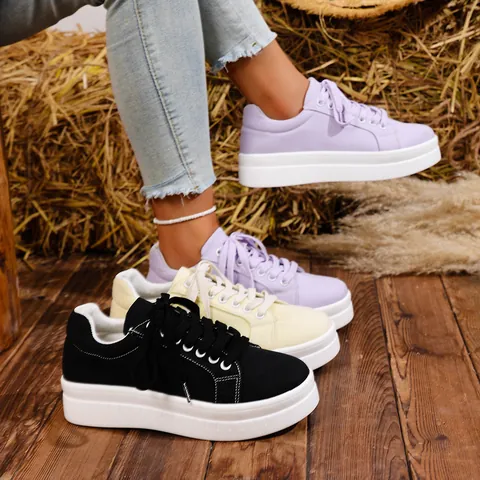 Dames Casual Suède Plateau Schoenen Dikke Zool Ronde Neus Vetersluiting Effen Kleur Sneakers Comfortabele Mode Loafers