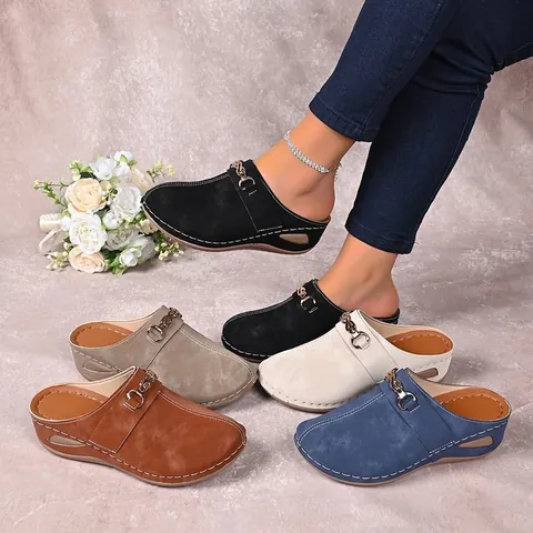 Women's Platform Mules Clogs Synthetic Leather Wedge Heel Sandals Metal Chain Decor Contrast Stitching Breathable Comfort Daily Shoes