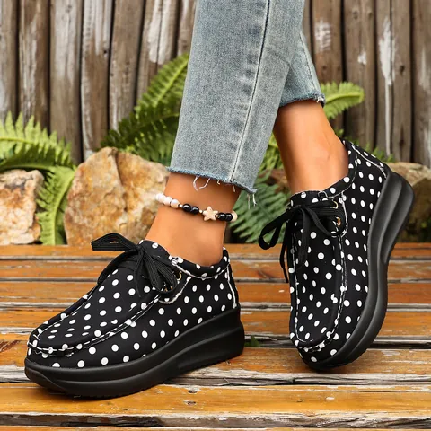 Dames Casual Stippenpatroon Plateau Schoenen Veterschoenen Suède Enkele Schoenen Comfortabele Dikke Zool Antislip Sneakers Grote Maten Lente Herfst