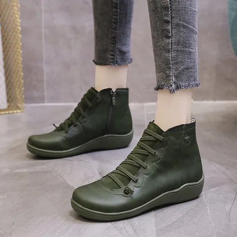 Dames Retro Enkellaarzen Casual Schapenvacht Platte Ronde Neus Zijrits Laarzen Voor Herfst Winter Effen Kleur Vintage Schoenen