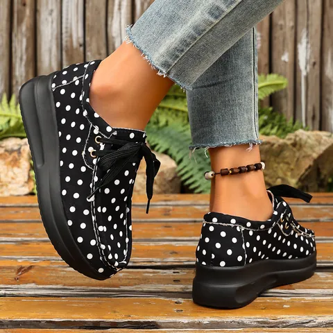 Dames Casual Stippenpatroon Plateau Schoenen Veterschoenen Suède Enkele Schoenen Comfortabele Dikke Zool Antislip Sneakers Grote Maten Lente Herfst