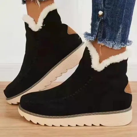 Bottes en Coton à Semelle Épaisse pour Femmes Hiver Couleur Unie Slip-on Bottines Chaudes Grande Taille Doublure en Fausse Fourrure Antidérapantes