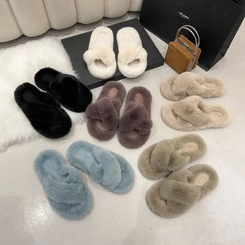 Women Faux Fur Cross Strap Slippers Warm Thick Sole Plush Slides For Home Outdoor Winter Casual Flat Shoes