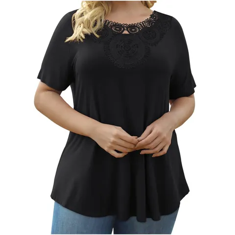 Damen Übergröße Spitze Kurzarm T-Shirt Plissee Saum Pullover Top Casual Polyester Sommer Lockere Bluse