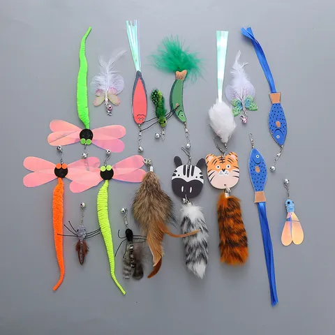 Cartoon Animal Plush Cat Teaser Wand Refills Interactive Replacement Heads With Bells And Feathers For Indoor Pet Cat Toys