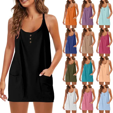 Women Casual Solid Color Strap V Neck Button Up Sleeveless Dress Loose Mini Sundress With Pockets Polyester Summer Beach Wear