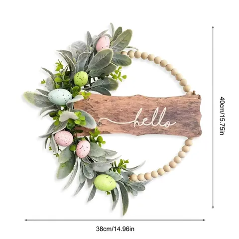 Easter Wreath With Hello Wood Sign Rabbit Ear Leaves And Speckled Eggs Wooden Beaded Farmhouse Spring Garland Decoration