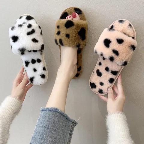 Women Cute Polka Dot Plush Slippers Autumn Winter New Home Indoor Fuzzy Slides Soft Sole One Band Faux Fur Slippers