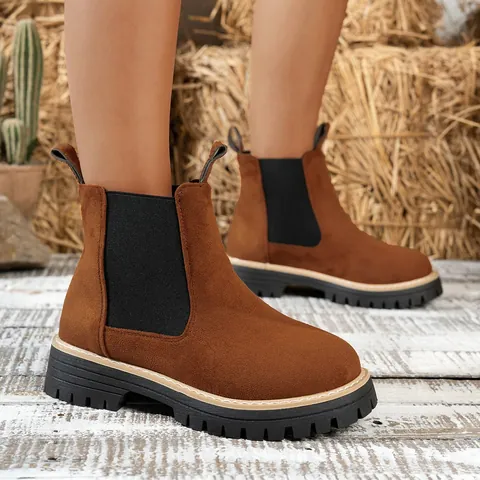 Dames Suède Chelsea Boots Britse Stijl Martin Laarzen Dikke Zool Ronde Neus Slip-on Casual Elastische Zijpaneel Enkellaarzen