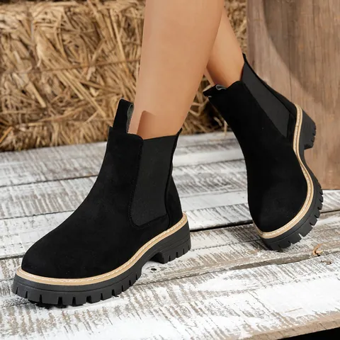 Dames Suède Chelsea Boots Britse Stijl Martin Laarzen Dikke Zool Ronde Neus Slip-on Casual Elastische Zijpaneel Enkellaarzen