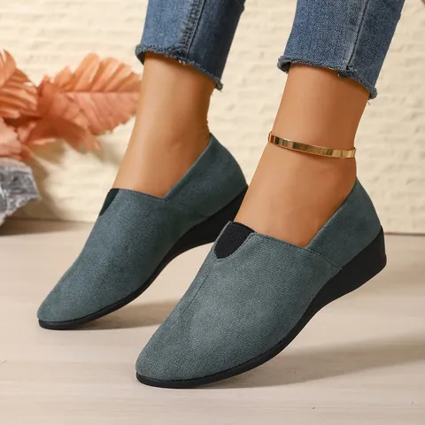 Women's Casual Wedge Heel Slip-On Suede Pointed Toe Flat Shoes Summer Fashion Solid Color Large Size Dress Shoes Office Daily Wear
