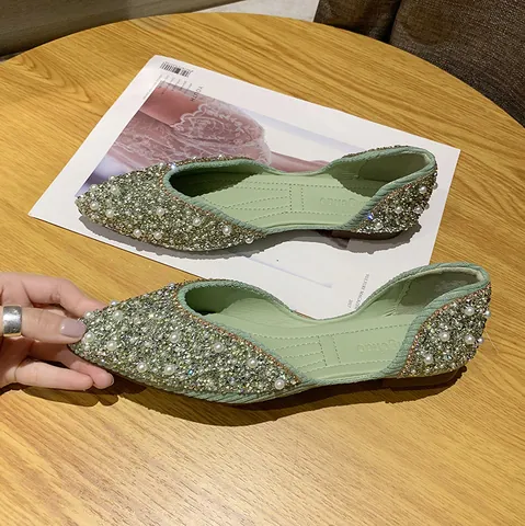 Zapatos Mary Jane Planos Retro Para Mujer Con Decoración De Lazo De Diamantes De Imitación Y Perlas Artificiales Punta Afilada