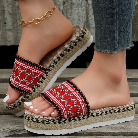 Damen Böhmisch Ethno Plateau Peep-Toe Hausschuhe Leinen Hanfseil Umwickelt Sommer Strand Bonbonfarben Sandalen
