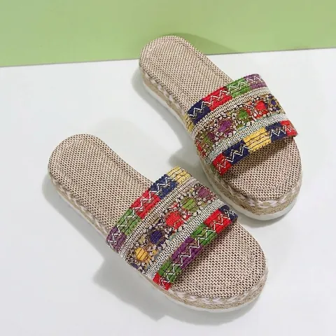 Damen Böhmisch Ethno Plateau Peep-Toe Hausschuhe Leinen Hanfseil Umwickelt Sommer Strand Bonbonfarben Sandalen