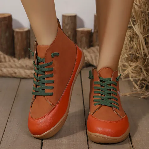 Women High Top Casual Shoes Cat Print Color Block Round Toe Lace Up Flat Martin Boots Fashion Sneakers For Women