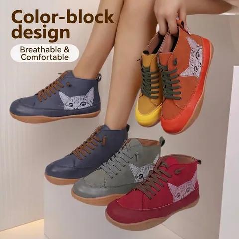 Women High Top Casual Shoes Cat Print Color Block Round Toe Lace Up Flat Martin Boots Fashion Sneakers For Women