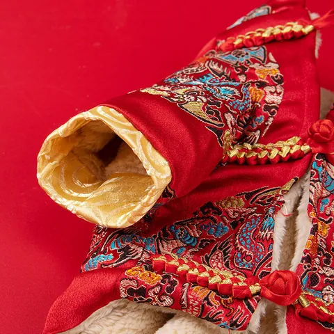 Traditional Pet Tang Suit God Of Wealth Hat Set Red Dog Clothing Fleece Lined Winter Cat Vest Warm Festival Puppy Outfit