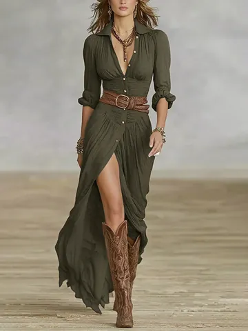 Women French Vintage Solid Color Long Sleeve Button Up Shirt Dress Elegant Lapel Maxi Belted Dress With High Slit