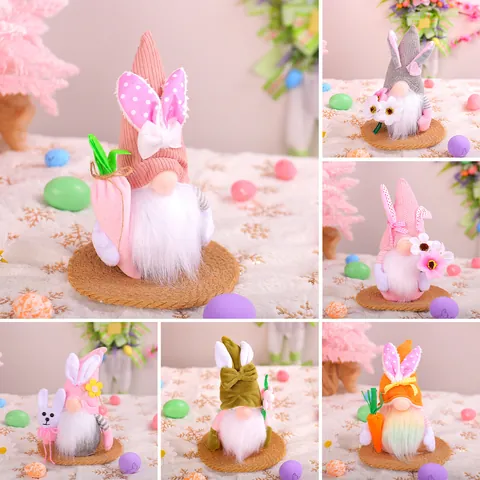 Easter Bunny Gnome Faceless Doll Plush Rabbit With Bunny Ears Holding Carrot Flower Ornament For Holiday Party Home Table Decor