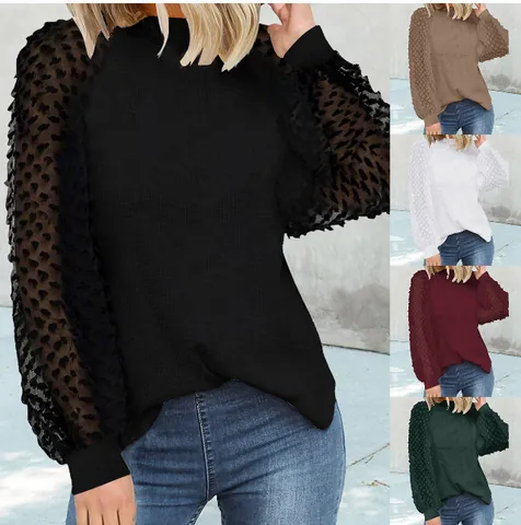 Dames Casual Lange Mouw Top Ronde Hals Kant Patchwork Wafelstof Ruime Pasvorm T-Shirt Herfst Mode Blouse
