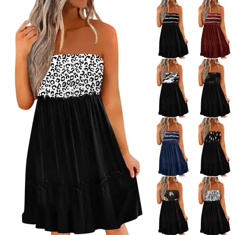 Women Strapless Smocked Dress Leopard Feather Print Tiered Ruffle Mini Dress Casual Summer Beach Party Sundress