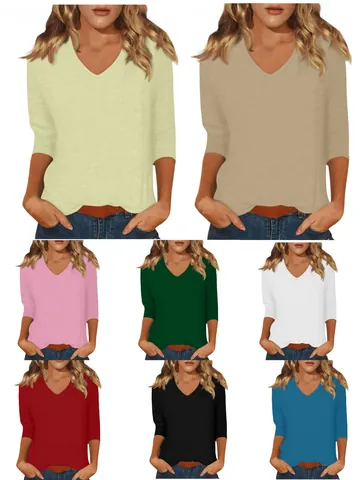 Women Casual V Neck Solid Color 3/4 Sleeve T-Shirt Loose Fit Mid Length Cotton Blend Knitted Basic Top Everyday Tee