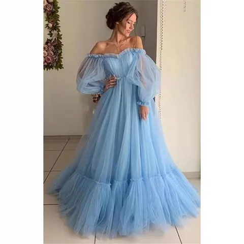 Women Elegant Off-Shoulder Tulle Mesh Long Sleeve Wedding Dress Sweet Mesh Puff Sleeve Evening Party Gown A-Line Gown
