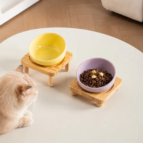 Keramik Haustiernapf Mit Erhöhtem Bambusständer Schräge Öffnung Katzen Hunde Nackenschutz Futternapf Einfarbig Welpen Fütterer