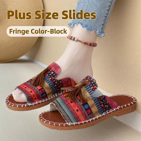 Dames Boheemse Etnische Kwastjes Sandalen Platte Kleurcontrast Slippers Grote Maat Zomer Strand Casual Outdoor Pantoffels